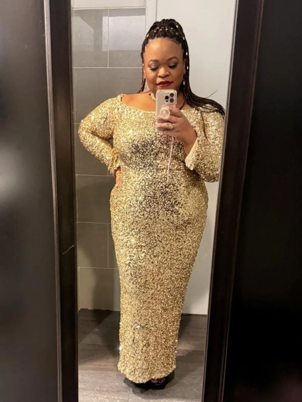 ELOQUII OFF THE SHOULDER SEQUIN COLUMN DRESS IN GOLD - Picture 11 of 12